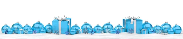 Blau-weiße Weihnachtsgeschenke und Christbaumkugeln 3D-Rendering — Stockfoto