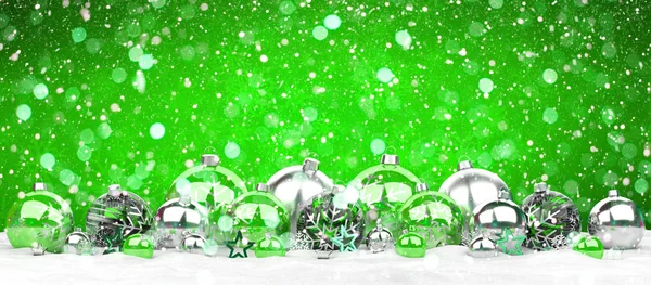 Verdes y blancos adornos de Navidad alineados renderizado 3D —  Fotos de Stock