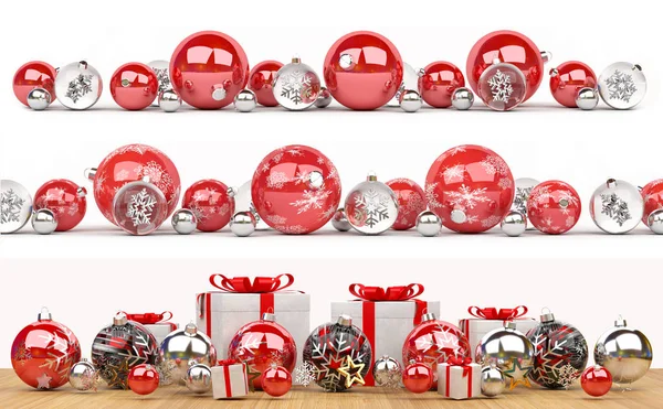 Vörös és fehér karácsonyi baubles gyűjtemény sorakoznak fel a 3d-leképezés — Stock Fotó