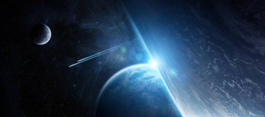 Uzak bir gezegende sistem alan 3d render öğe üzerinde gündoğumu