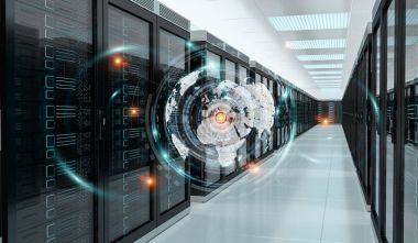 Dünya ağ sunucusu Oda veri merkezi 3d render üzerinde uçan