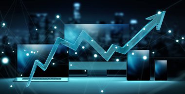 Modern teknoloji cihazlar 3d render önünde mavi ok