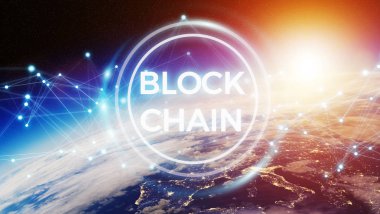 Blockchain Planet Earth 3d render