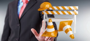 Dijital 3d render altında inşaat işaretleri kullanarak iş adamı