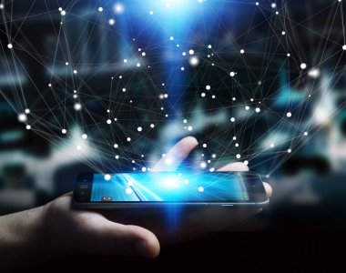 Uçan ağ bağlantısı arabirimi 3d renderi kullanarak iş adamı