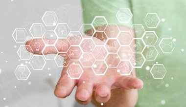 Multimedya arabirimi çizilmiş tutan işadamı