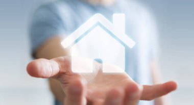 3D render simgesi evi elinde tutan işadamı