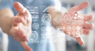 Dijital ekranlar hologramlar veriler 3d render ile kullanarak iş adamı