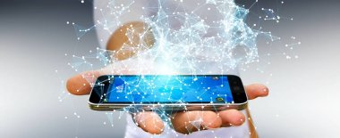 Uçan ağ bağlantısı 3d render tutan işadamı