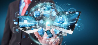 Teknik cihazlar birbirine işadamı 3d render tarafından bağlı