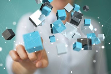 Mavi parlak küp ağ 3d renderin yüzen kullanarak iş kadını