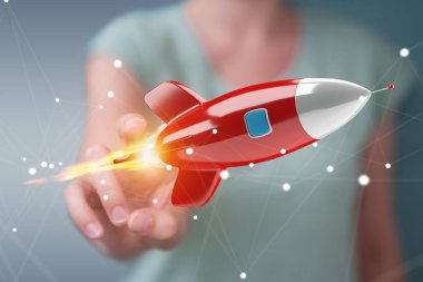 Holding ve bir roket 3d render dokunmadan işkadını