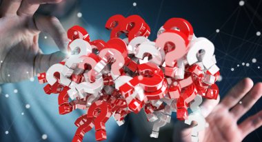 3D render soru işaretleri kullanarak iş adamı