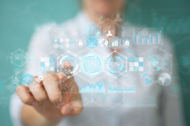 Hologram veriler dijital ekranlar 3d render kullanarak iş kadını