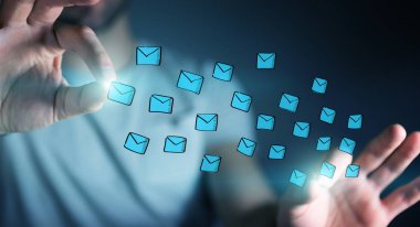 Holding ve yüzen dokunmadan işadamı kroki e-postaları