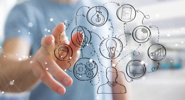 Eliyle el yazması proje sunum kullanarak iş adamı