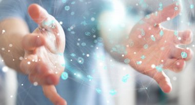Hologram veriler dijital küre 3B oluşturmayı kullanarak iş adamı
