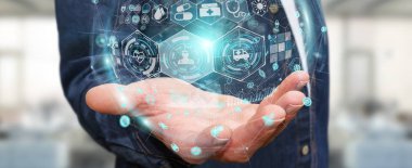 Dijital Sağlık Küre 3d işlemesini kullanan iş adamı