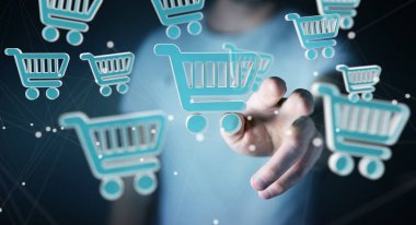Dijital alışveriş simgeleri 3B oluşturmayı kullanarak iş adamı