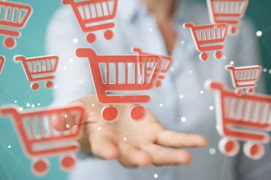 Dijital alışveriş simgeleri 3B oluşturmayı kullanarak iş kadını