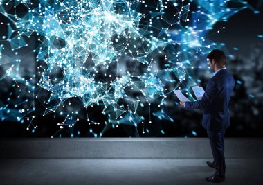 Bir çatı katı 3d renderin üzerinde bağlantı network izlerken işadamı