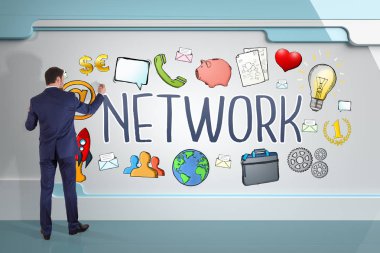 İşadamı üzerinde bir kurulu 3d renderin sosyal ağ kroki çizim