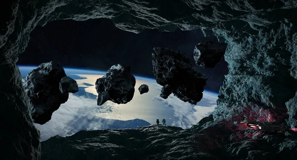 Asteroid bir mağarada keşfetmek astronotlar 3d işleme öğeleri