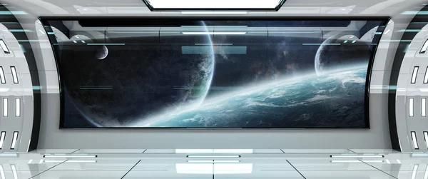 Interior de la nave espacial con vista a los planetas 3D elementos de representación de — Foto de Stock