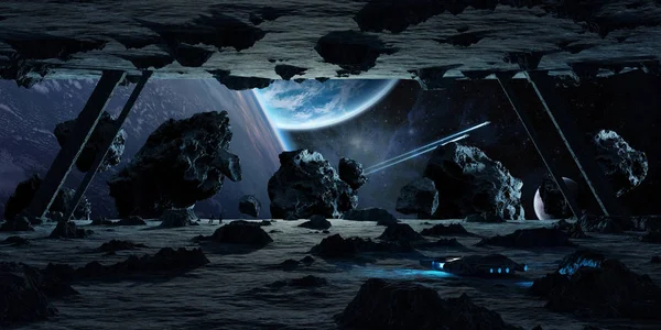 Astronotlar bir asteroit uzay gemisi 3d işleme öğeleri keşfetmek