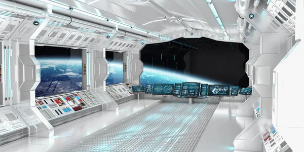 Interior de la nave espacial con vista al planeta Tierra 3D renderizado el —  Fotos de Stock