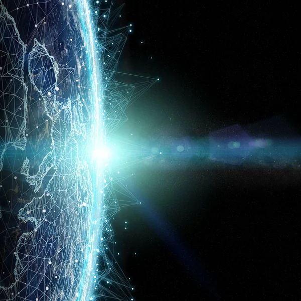 Connections system and datas exchanges on planet Earth 3D render — Stock Photo, Image