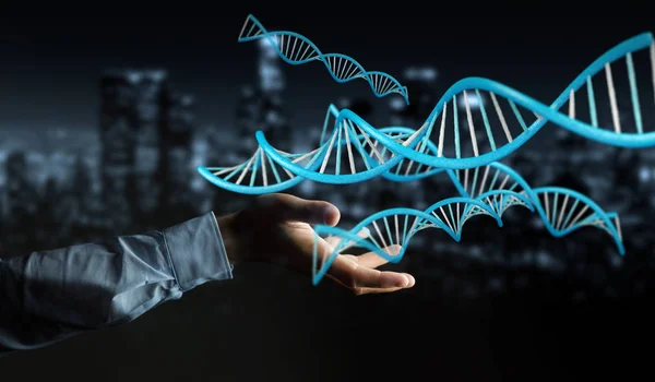 Бізнесмен, використовуючи сучасну структуру ДНК 3D рендеринга — стокове фото