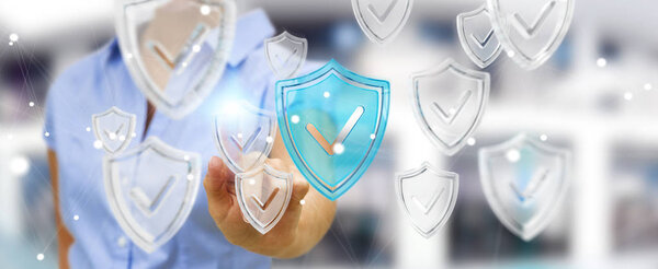 Businesswoman using modern data shield antivirus 3D rendering