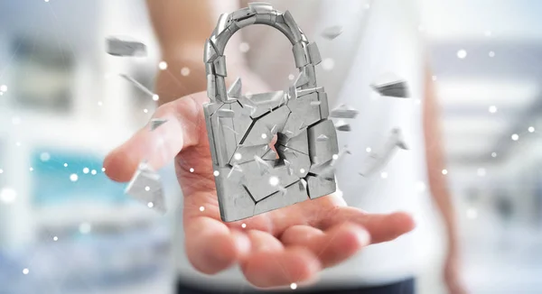 Бізнесмен злому в розбитому блоці безпеки 3D рендерингу — стокове фото