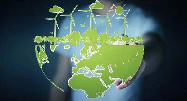 Бизнесмен трогает эскиз возобновляемых источников энергии — стоковое фото