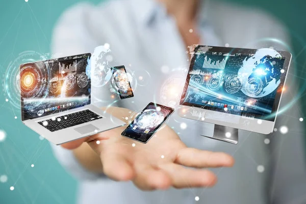 Tech zařízení vzájemně propojeny podnikatelka 3d renderi — Stock fotografie