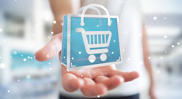 Empresario usando iconos de compras digitales renderizado 3D — Foto de Stock