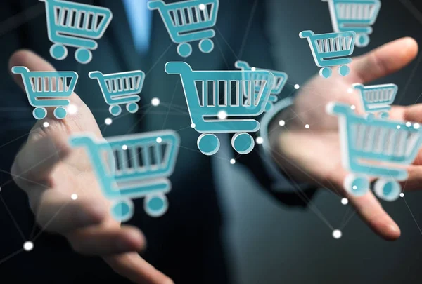 Empresario usando iconos de compras digitales renderizado 3D — Foto de Stock