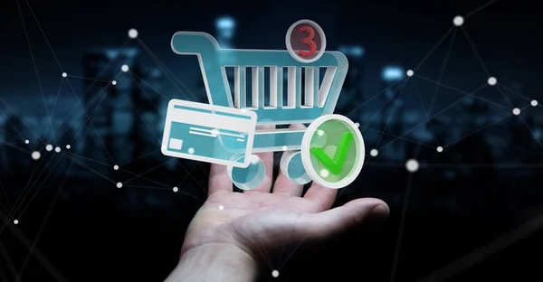 Empresario usando iconos de compras digitales renderizado 3D — Foto de Stock
