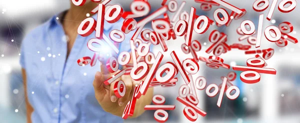Бизнесмен, использующая белые и красные иконки продаж 3D рендерин — стоковое фото