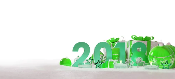 2018 véspera de ano novo com bugigangas de Natal e presentes 3D renderização — Fotografia de Stock