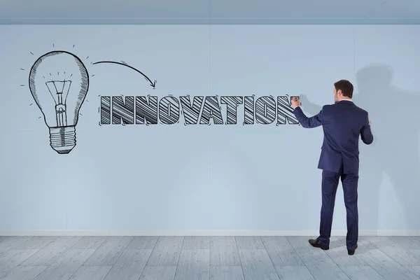 Affärsman ritning innovation skiss på en vägg 3d-rendering — Stockfoto