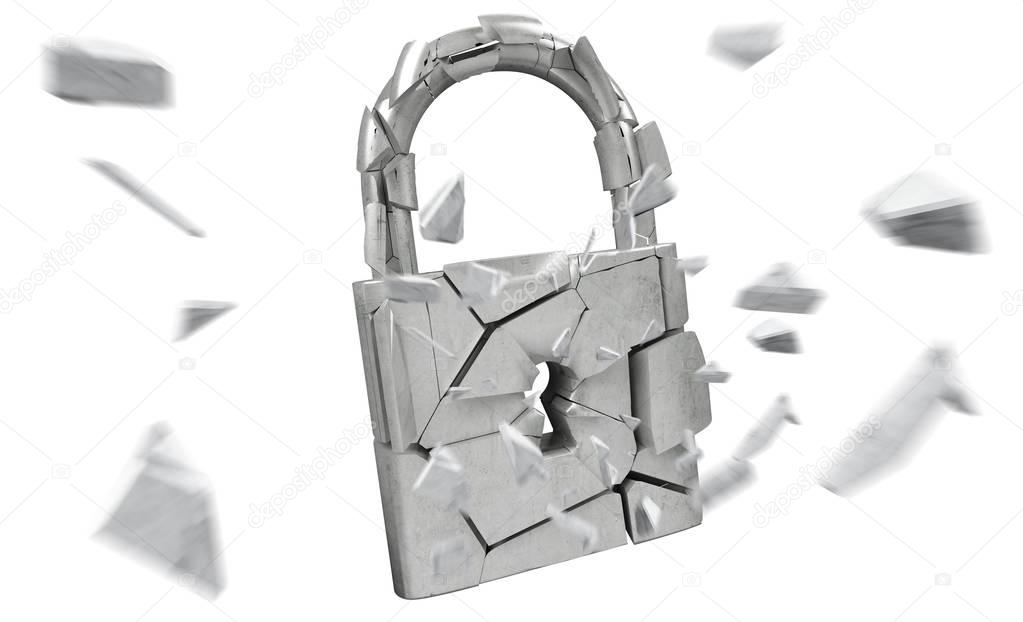 Broken padlock security 3D rendering
