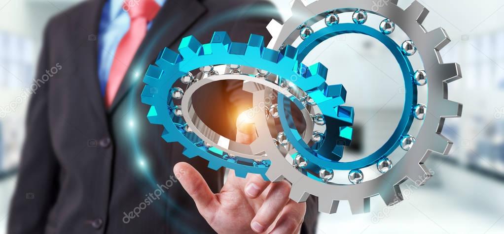 Businessman using floating modern gear mechanism 3D rendering