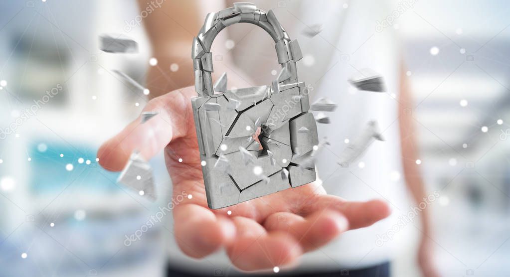 Businessman hacking in broken padlock security 3D rendering