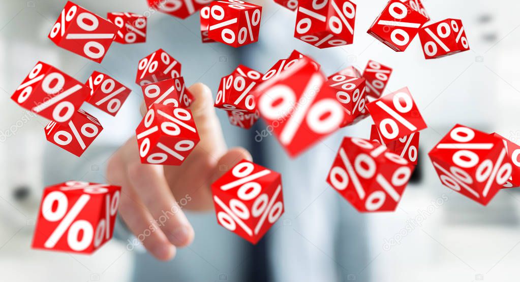 Businessman using white and red sales flying icons 3D rendering