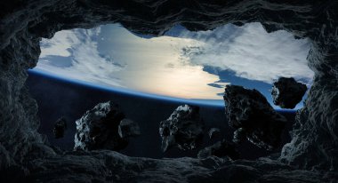 Gezegen yakın uçan asteroitler 3d render unsurları toprak 