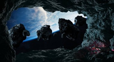 Asteroid bir mağarada keşfetmek astronotlar 3d işleme öğeleri