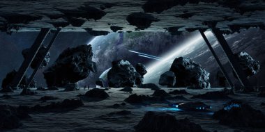 Astronotlar bir asteroit uzay gemisi 3d işleme öğeleri keşfetmek