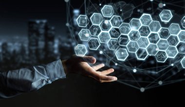 Multimedya arabirimi çizilmiş tutan işadamı